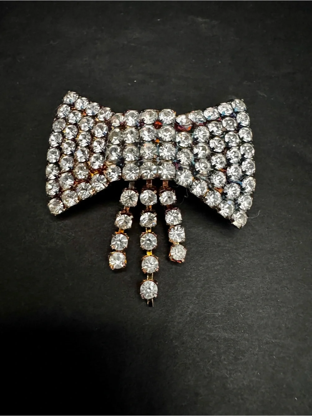 VTG Rhinestone Bow Tie Brooch Pave Crystal Dangle Tassel Fringe Pin
